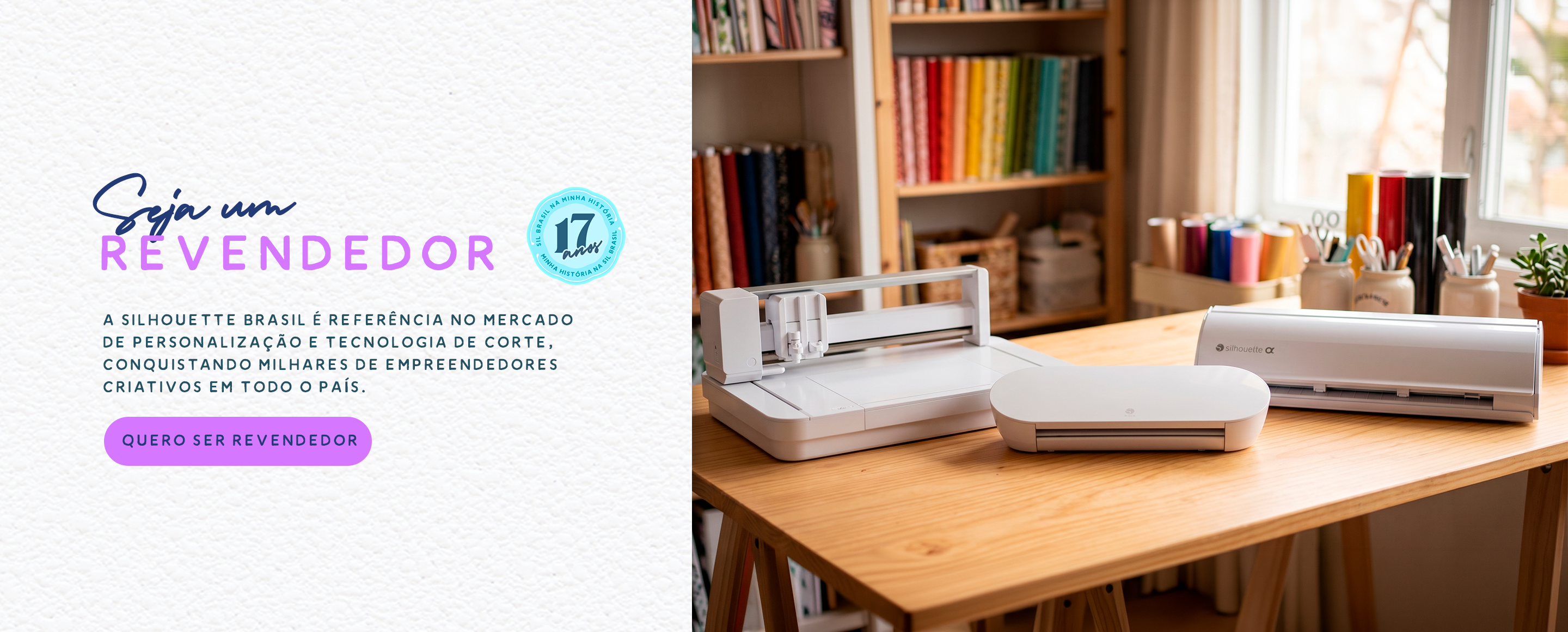 Empreendedora utilizando uma máquina de corte Silhouette para personalizar produtos em seu ateliê.